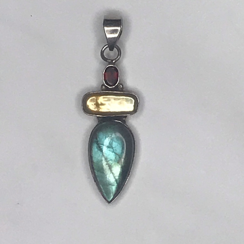 Sterling Silver Labradorite, Garnet & Gold Accent Pendant Necklace